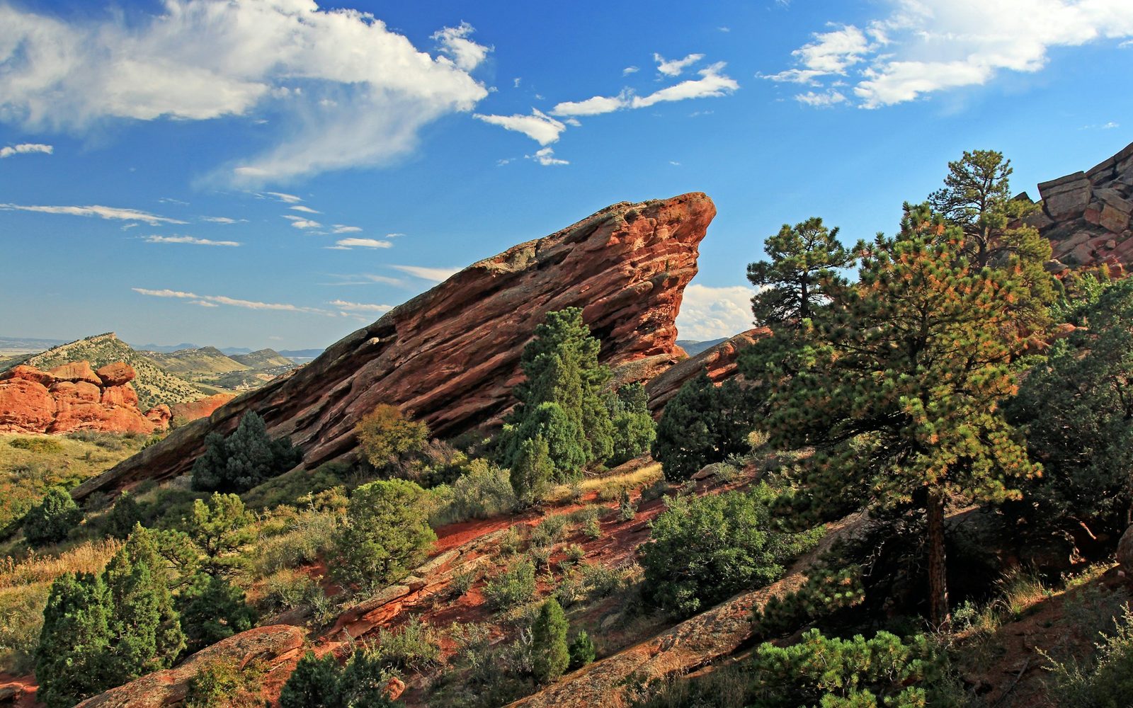 Tilted red sandstone formations and ponderosa pines in the Colorado foothills