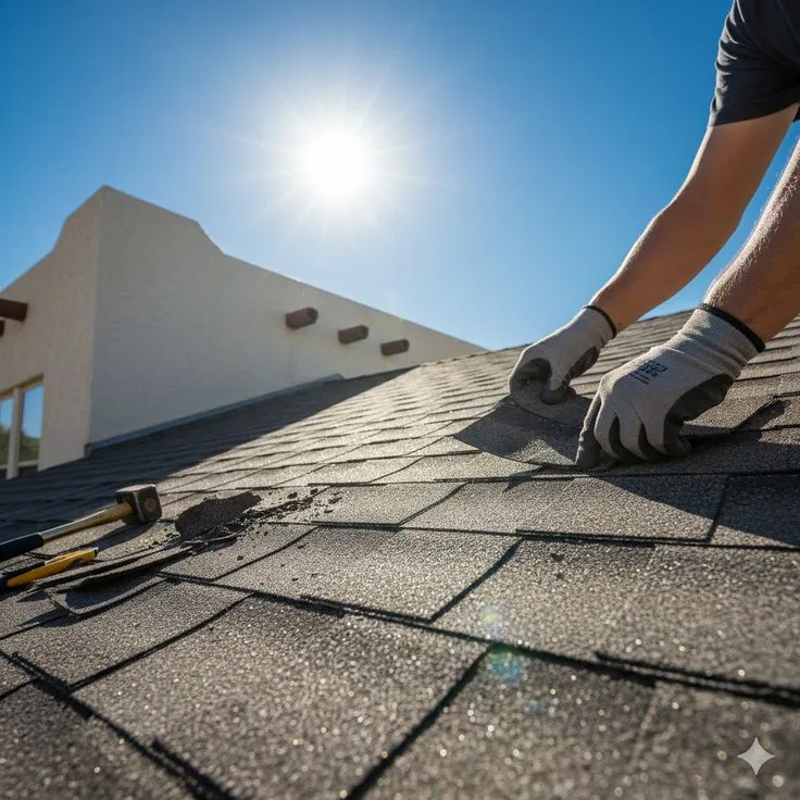 Asphalt shingle roof on an older Pueblo home under a bright southern Colorado sky