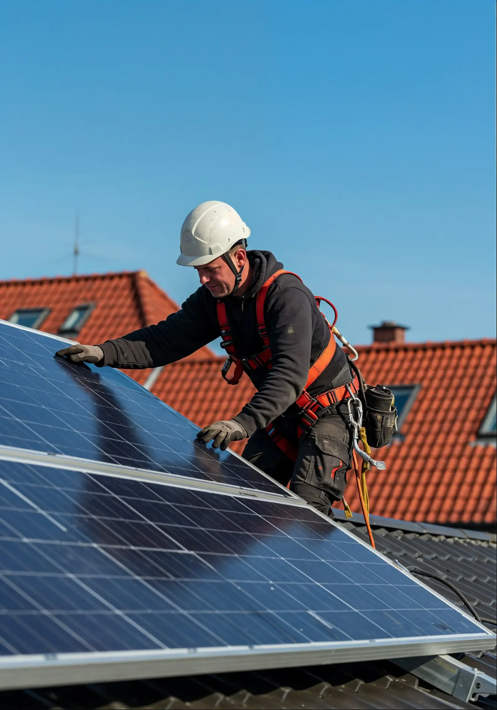 Solar panels on the roof of a Colorado home under a clear sky