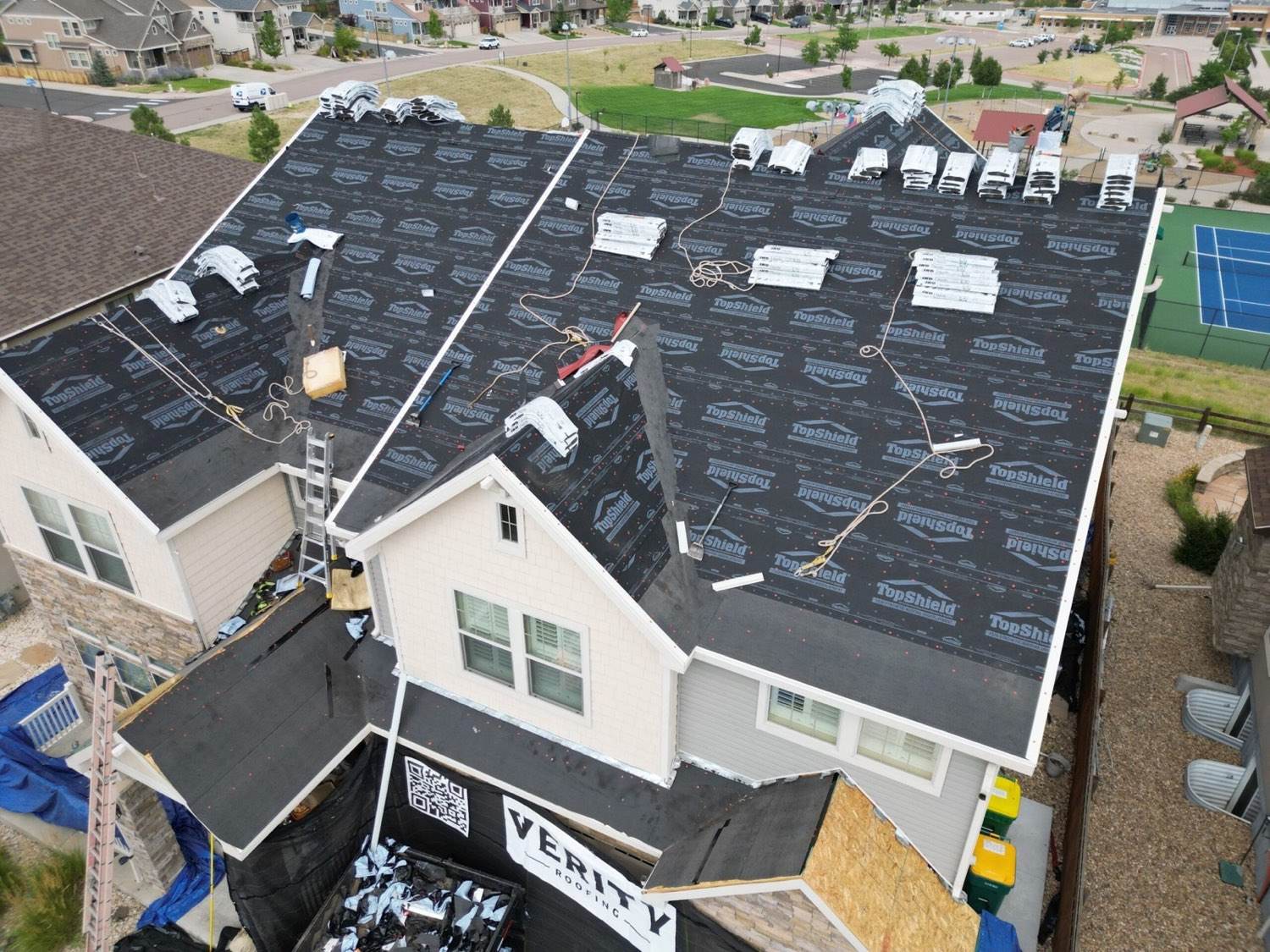 Aerial view of a Verity Roofing project on a Colorado home